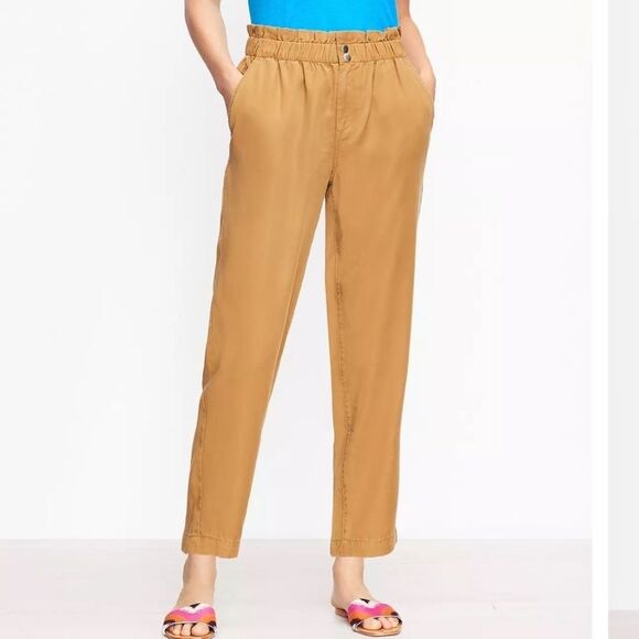 Loft Elastic Waist Paper Bag Pants Khaki Tan Lyocell Size M - Picture 1 of 11